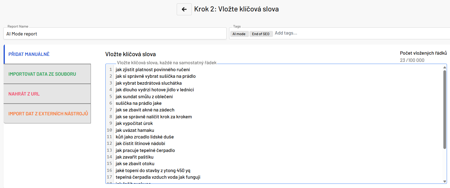 AI mode vložení klíčových slov na měření
