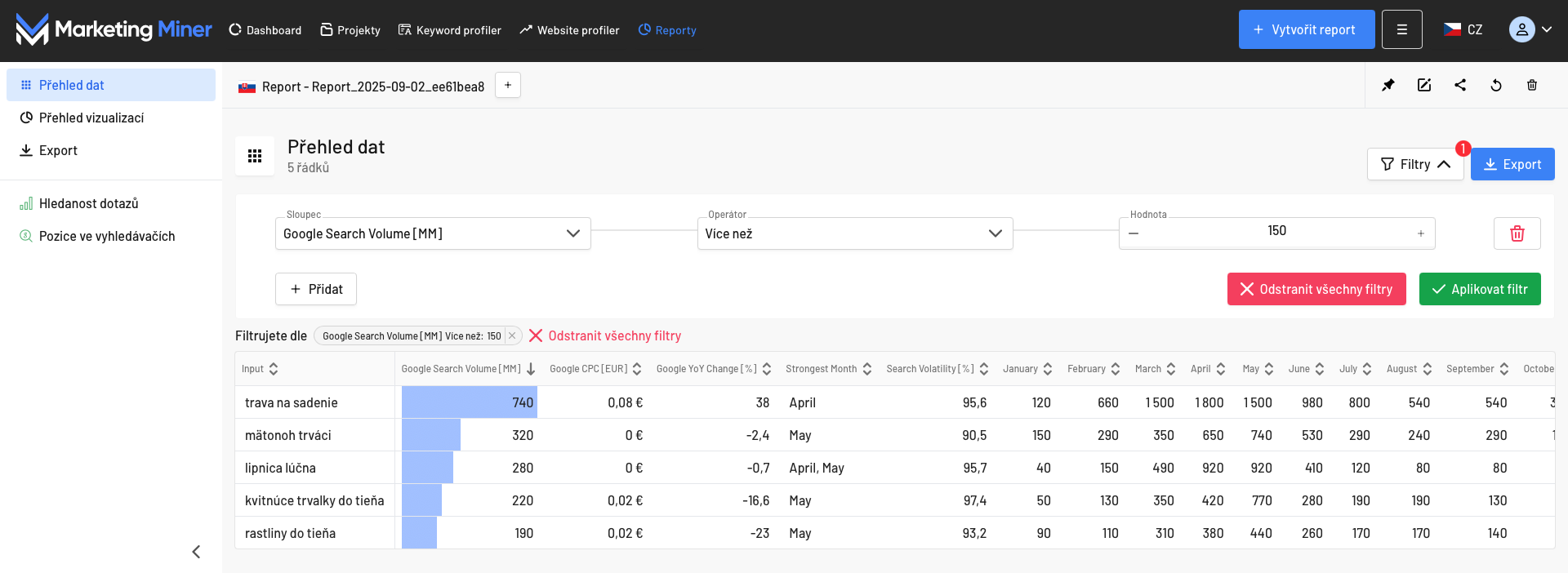 Filtrování dat v reportu